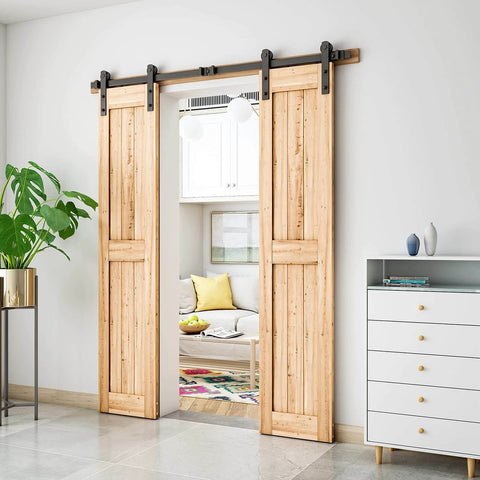 6FT Heavy Duty Double Door Sliding Barn Door Hardware Kit with carbon steel track installed on wooden double doors in living room.