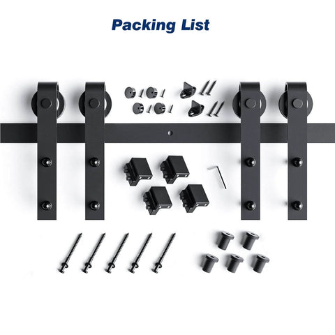 Components of 6FT Double Door Sliding Barn Door Hardware Track Kit with basic J pulley, black rails, and installation screws