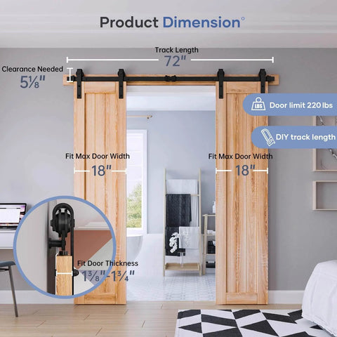 Image showing product dimensions for 6FT Double Door Sliding Barn Door Hardware Track Kit with basic J pulley for double 18 inch doors.
