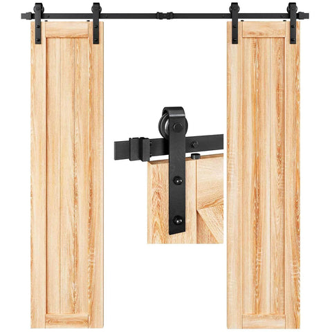 6FT Double Door Sliding Barn Door Hardware Track Kit with basic J pulley, black powder coated aluminum rails, installed on wood doors