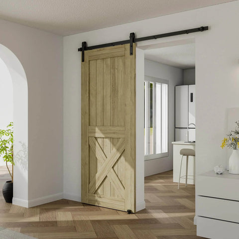 Interior view with barn door using 6FT 72 inch Sliding Barn Door Hardware Kit for single door, carbon steel black track system.