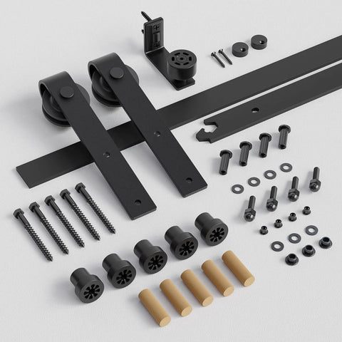 6FT 72 inch Sliding Barn Door Hardware Kit components, carbon steel black track system, smooth rollers, floor guide, heavy duty design