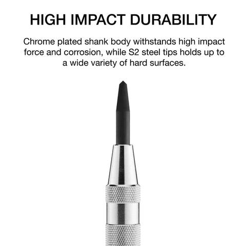 Close-up of a 6 Inch Automatic Center Punch With One Handed Spring Impact Chrome Shank And S2 Steel Tip for quick hole marking.