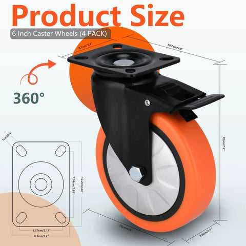 6 Inch Industrial Brake Caster Heavy Duty Wheel With 4000 Lb Load Capacity No Noise Polyurethane On Steel Hub, product size