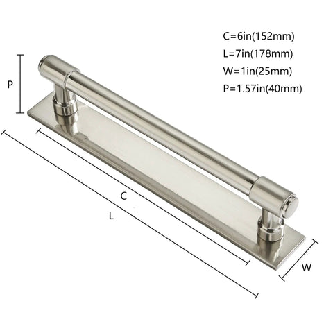 Diagram of 5 Pack 6 Inch Hole Center Brushed Satin Nickel Cabinet Pulls With Backplate, showing dimensions and design features.