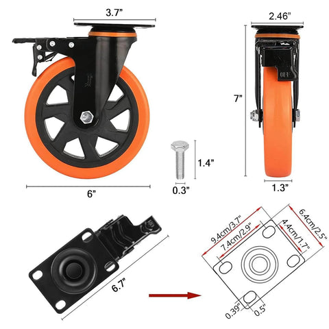 Diagram of 6 inch heavy duty caster wheels set of 4 with dual locking brakes rated 3000 lb with dimensions and screw included