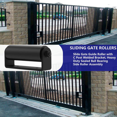 6 Inch Sliding Gate Guide Rollers 2 Pack with C Post Welded Bracket installed on metal gate, featuring hard nylon rollers and sealed ball bearings