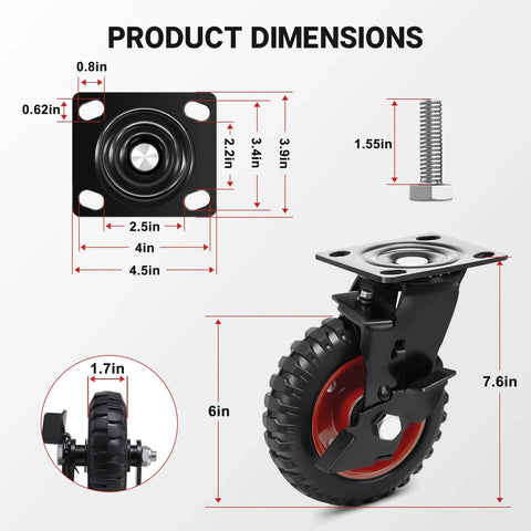 Product dimensions of 6 Inch Outdoor Heavy Duty Caster Wheels Set of 4 with Brakes in a detailed diagram showing size and brake mechanism.