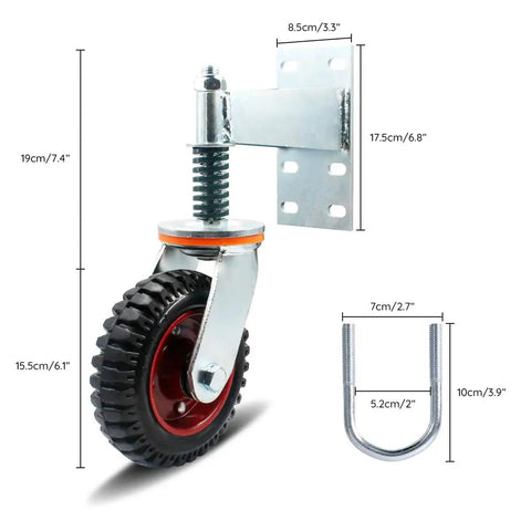 6 Inch Gate Caster With 360 Degree Rotation Spring Loaded Heavy Duty Fence Gate Wheels For Metal Tubes Includes Screws And Screwdriver Reinforced Ball Bearings For Smooth Movement On Grass Mud Gravel And Concrete. Metal gate wheel with spring mechanism, U-bolt, and mounting bracket.