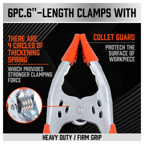 Image of 6 Piece 6 Inch Heavy Duty Spring Clamps with 2.5 Inch Jaw Opening, featuring red non-slip plastic covers and nickel-plated steel
