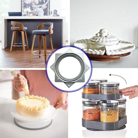 6 Pack 6 Inch Square Lazy Susan Hardware showcased in various uses: bar stools, cake decorating, spice rack, pie serving.