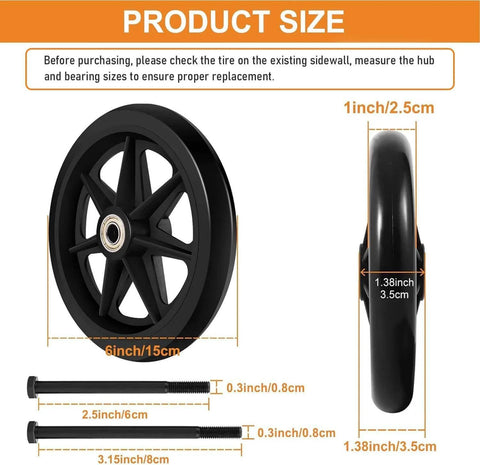 Diagram showing dimensions of 2Pcs 6 Inch Replacement Wheelchair Wheels for Walkers; includes measurements and side view details.