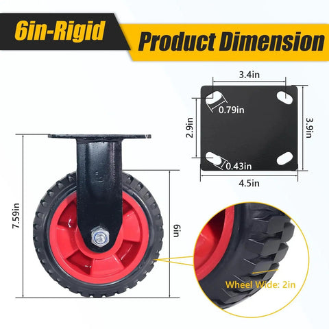 Side view of Six Inch Caster Wheels Set With Two Swivel And Two Fixed Heavy Duty Swivel Plate Casters Knobby Rubber Tread dimensions