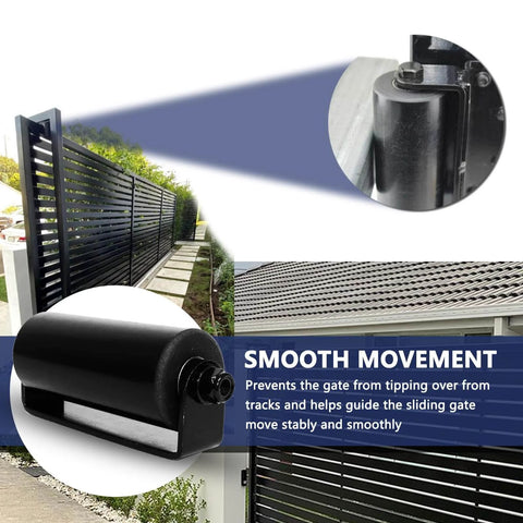2Pack Slide Gate Guide Roller with C Post Welded Bracket, hard nylon, used for smooth sliding gate motion and alignment, shown close-up and installed