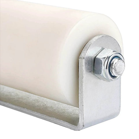 Close-up of 6" Slide Gate Guide Roller with Post Welded Bracket showing UHMW Hard Nylon material and sealed ball bearing side roller assembly