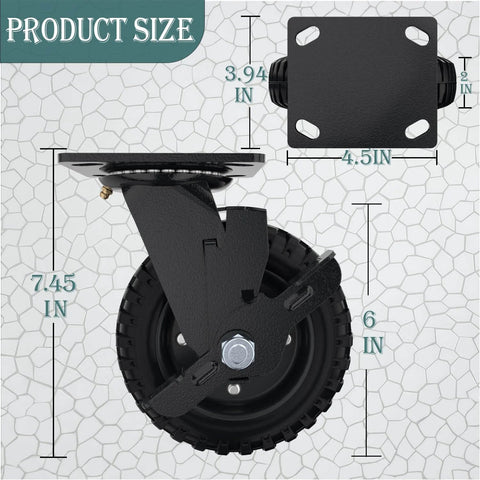 Image showing product size specifications for ✝️ 6 Inch Swivel Heavy Duty Caster Wheel with Brake 800lb Solid Rubber Black Rim