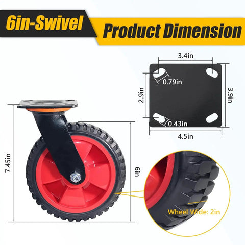 Six Inch Caster Wheels Set With Two Swivel And Two Fixed Heavy Duty Swivel Plate Casters Knobby Rubber Tread dimensions