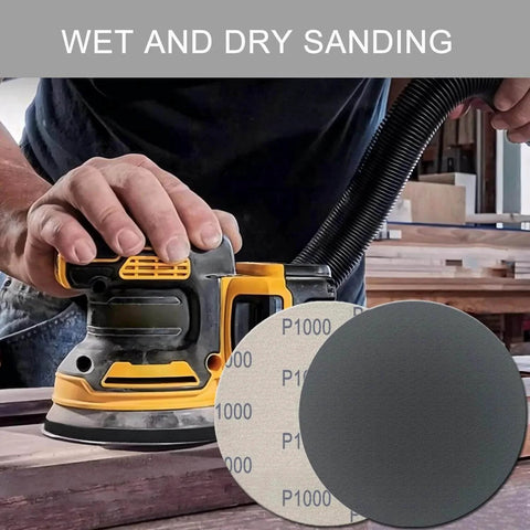 Close-up of orbital sander using 6 Inch Wet Dry Sanding Discs 50 Pcs Hook Loop Assorted Grit Silicon Carbide 1000 1500 2000 3000 5000