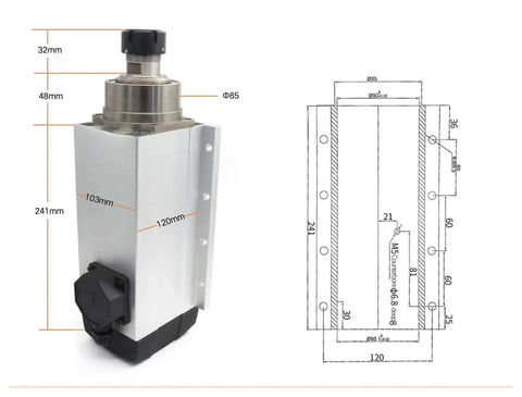 Square 6KW 380V ER32 water cooled spindle motor with four bearings, dimensions diagram, high speed live spindle for CNC routers and milling machines.