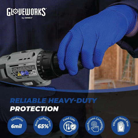Person wearing Nitrile Disposable Gloves 6 Mil Latex Free Diamond Texture XX-Large using a power tool, emphasizing grip and protection