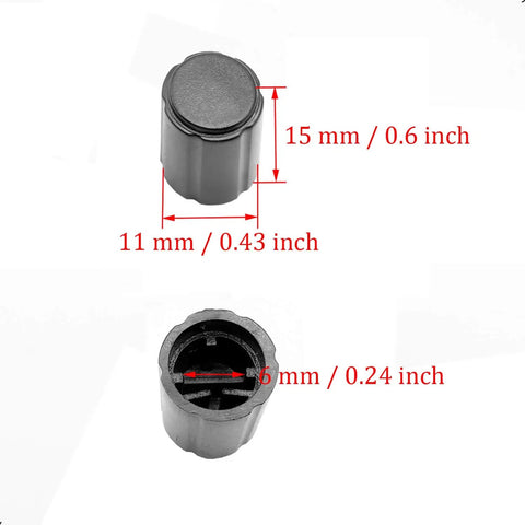 Ten Pack Of 6mm D Type Potentiometer Knobs For Volume Control Black Plastic Knobs For Guitars Encoders DJ Controllers Speakers And Mixers 11x15mm Replacement Durable And Easy Grip shown with measurements