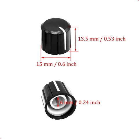 10 Pcs 6mm D Type Potentiometer Knobs For 6 Mm Shaft Dope Volume Tone Rotary Knobs For Encoder Electric Guitar Speaker DJ Controller Mixer Replacement Black 15x13.5mm, showing dimensions