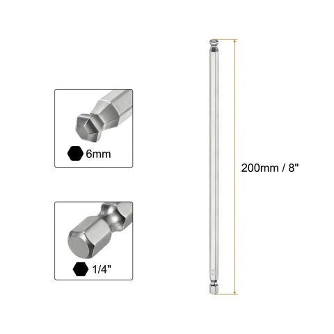 Diagram of Long Magnetic Ball End Hex Screwdriver Bit Set Two Piece 6mm Hex With One Fourth Inch Shank And 200mm Length Ball Head