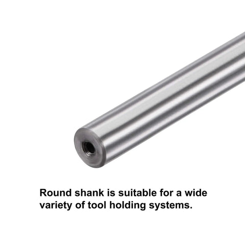 Close-up of 6mm chucking reamer with high speed steel carbide tip for lathe and milling, 8 inch length, H7 tolerance, round shank visible.