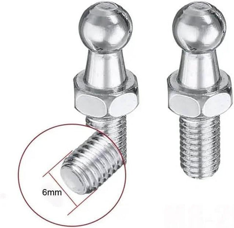 Close-up of 10mm M6 Ball Studs with Hardware Nuts Washers -M6 Ball Stud 6mm Female Thread x 1/2" Long Shank, silver