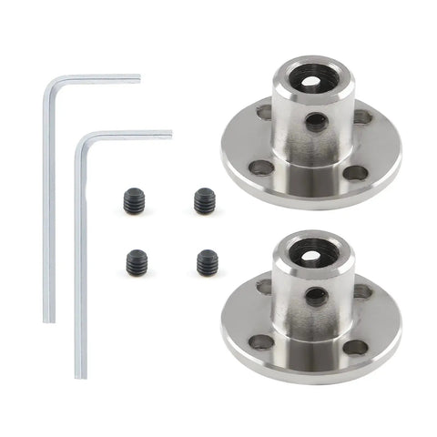 Two-Pack 6mm bore flange shaft couplings with 10mm OD and 22mm base for RC motors, shown with screws and wrench for installation