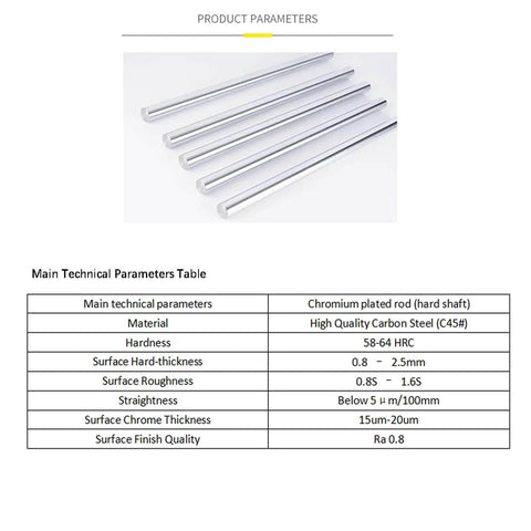 Product specifications for 2pcs 6mm Linear Motion Rods 500mm Long, Case Hardened Chrome Plated Steel Shafts with h8 Tolerance.