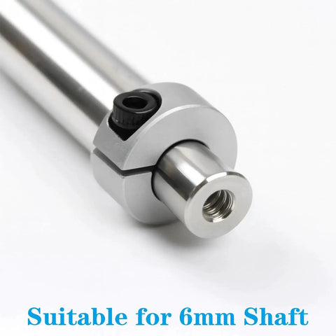 Close-up of Four Pack 6mm Split Shaft Collar Set Aluminum Alloy Clamping Collars for shafts with M4 screws, installed on shaft