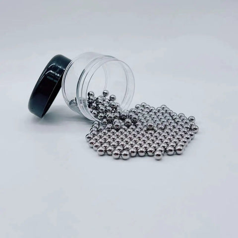 Six Millimeter Stainless Steel Bearing Balls 304 Grade G100 Precision 200 Piece Set, corrosion resistant, spilling from jar