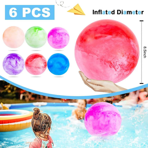Colorful 3 otters 6PCS Playground Balls, 8.5 Inches Beach Ball for Kids Inflatable Bouncy Balls with Air Pump shown in pool setting.
