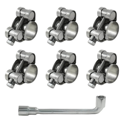 6 Pcs T Bolt Hose Clamp Set 17 To 19 Mm 304 Stainless Steel Adjustable Tube Clamps with socket wrench, heavy duty.