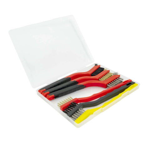 6Pcs Wire Brush Set in plastic case, featuring stainless steel, brass, and nylon bristle brushes for cleaning rust and welding slag.