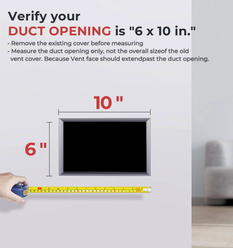 Diagram showing measurement of 6x10 duct opening for Quiet 6x10 Register Booster Fan For HVAC Vents With 10 Speeds Remote Control And Thermostat Control White BIOWIND Premium Anodized Aluminum Frame CNC Machined For Silent Operation And Even Temperature Throughout The Room.