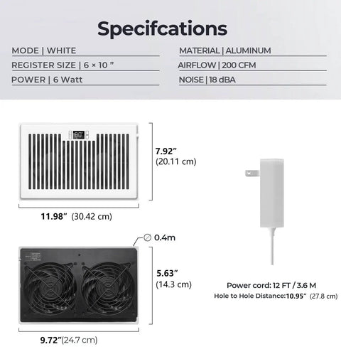 Quiet 6x10 Register Booster Fan For HVAC Vents With 10 Speeds Remote Control And Thermostat Control White BIOWIND dimensions chart