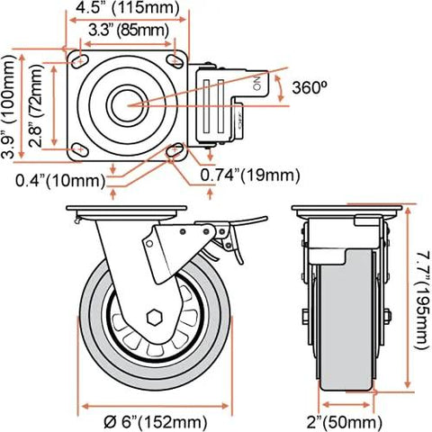 Technical diagram of 6 x 2 Inch Heavy Duty Locking Swivel Caster Wheels Set of 4 dimensions and rotation feature details.