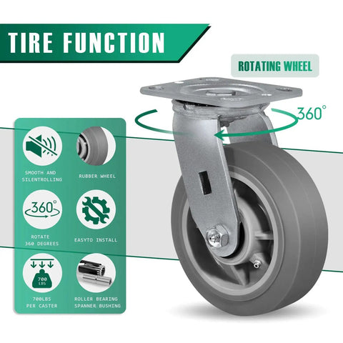 Heavy Duty Caster Wheels Set Of 4 6x2 Flat Tread Rubber Casters With Up To 2800 Lb Load Capacity, 2 Swivel And 2 Rigid, focus on swivel