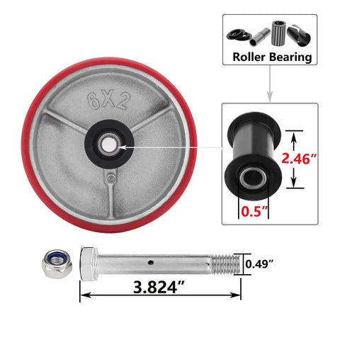 Six By Two Inch Heavy Duty Caster Wheels Set Of Four With Industrial Polyurethane Wheel and Galvanized Steel Yokes in focus