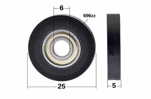 6x25x5mm Polyurethane Miniature Pulley Wheel Roller Bearing w. 25mm Black Tire - VXB Ball Bearings