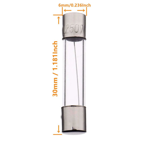 Fast Blow Glass Fuse Assortment Kit, 240 Pcs, 5x20 And 6x30 Mm Fuses, 250 V, showing 6x30 mm fuse size details.