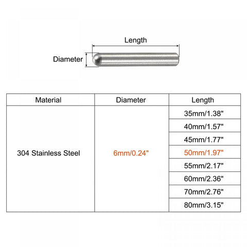 Diagram showing dimensions of 6mm X 50mm Stainless Shelf Pins 10 Pack With 304 Stainless Steel Dowel Pins