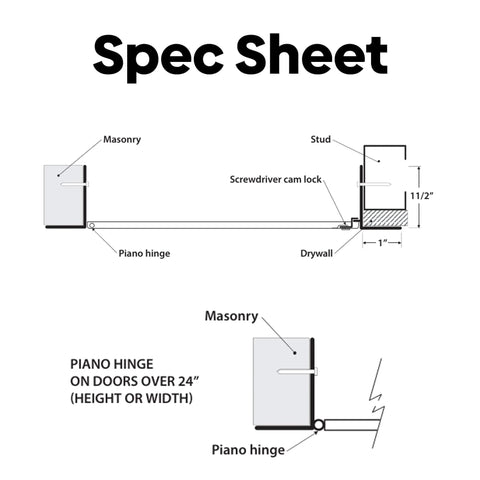 Spec sheet for BA-AHD 6x6 Metal Access Panel With Concealed Pin Hinge detailing installation and hinge design for non-rated drywall ceilings.