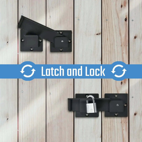 7.5 Inch Flip Gate Latch Lock With Padlock Holes, Heavy Duty Aluminum Alloy Door Latch, shown installed on wooden fence