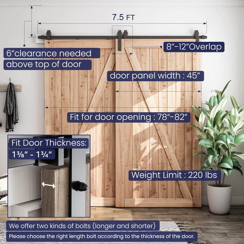 7.5 Feet Bypass Sliding Barn Door Hardware Kit for Double Wooden Doors with measurements displayed on image