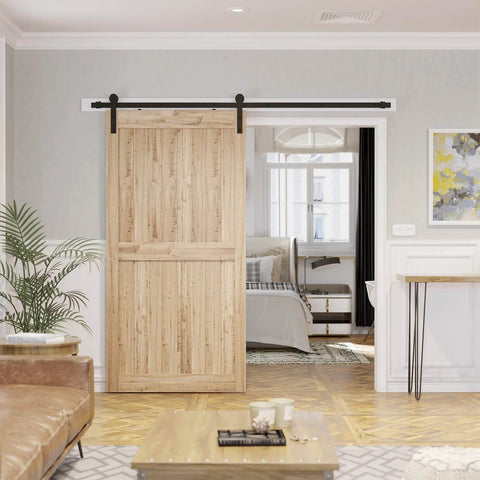 Installed 7.5ft Barn Door Hardware Kit with I shape hanger, carbon steel track, and nylon rollers on wooden door for 42-45 inch panels.