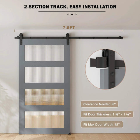 7.5FT Sliding Barn Door Hardware Kit for Single Doors up to 45 Inch, showing track installation and door panel fit dimensions