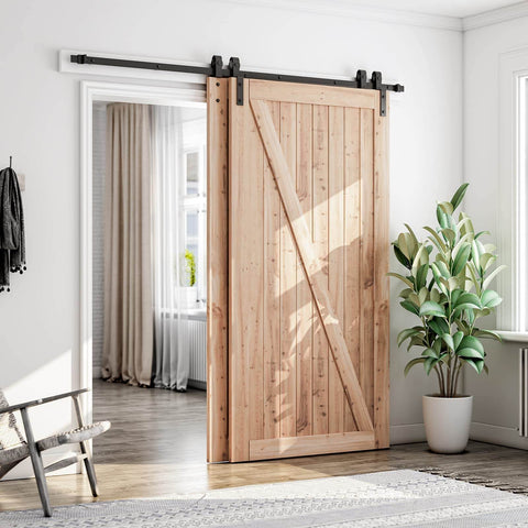 7.5 Feet Bypass Sliding Barn Door Hardware Kit for Double Wooden Doors with Single Track installed on a wooden door in a living room